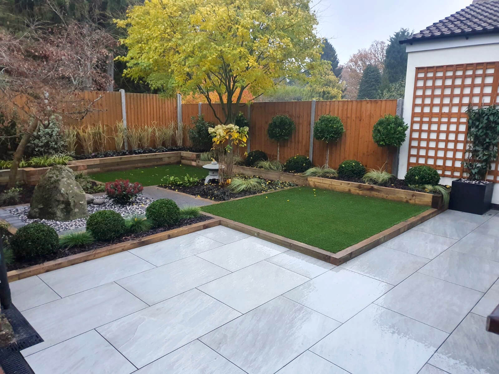 Garden Design with Paving and Raised Planters