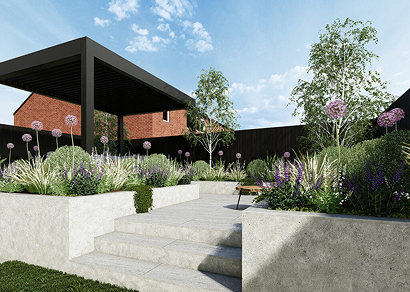 Luxury bespoke garden design and landscaping project with modern outdoor living space