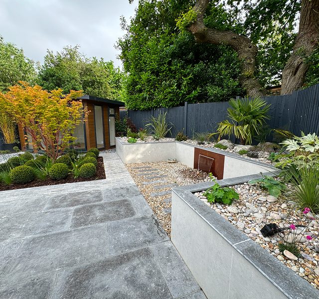 Luxury bespoke garden design and landscaping project with modern outdoor living space