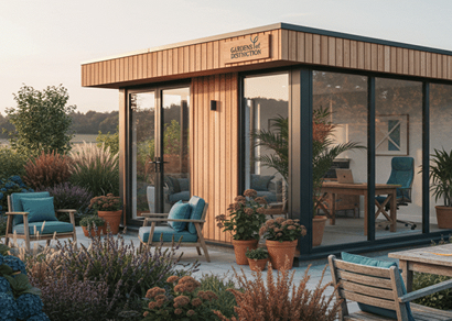Luxury garden studio building in landscaped outdoor space