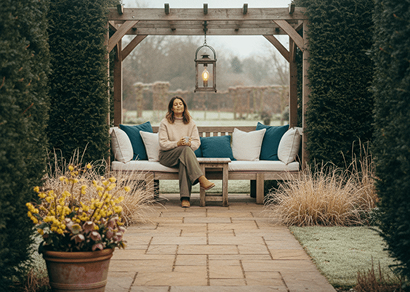 Relaxing outdoor garden retreat with seating and water feature